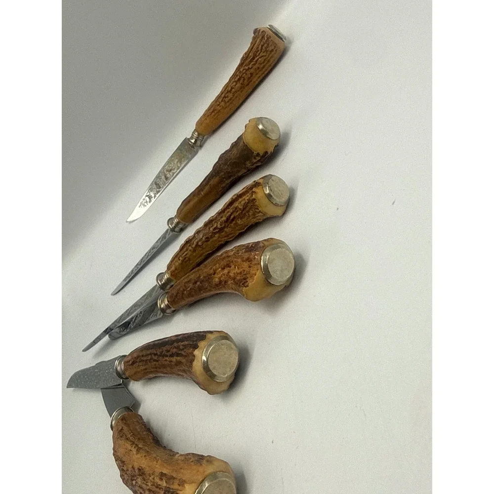 Anton Wingen Jr Solingen Germany‎ Stag Horn Steak Knives Set of 6 Etched Hunting